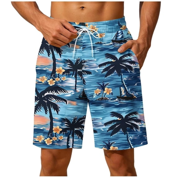 Zynoxe Mens Shorts with Pockets Adjustable Drawstring Waist Shorts for Men Trendy Hawaii Printed Mid-Thigh Length Shorts Summer Breathable Quick-Dry Beach Swim Trunks L