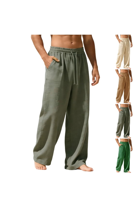 Mens Wide Leg Pants Solid Color Elastic Waisted Drawstring Linen Pants with Pockets Trendy Loose Peasant Gauze Lounge Beach Vacation Trousers Navy L