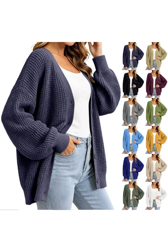 Mid Length Cardigan for Women Relaxed Open Front Button Down Cardigan Stylish V Neck Lantern Long Sleeve Plain Outwear Comfortable Breathable Knit Casual Sweater Coat with Ribbed Cuffs XL