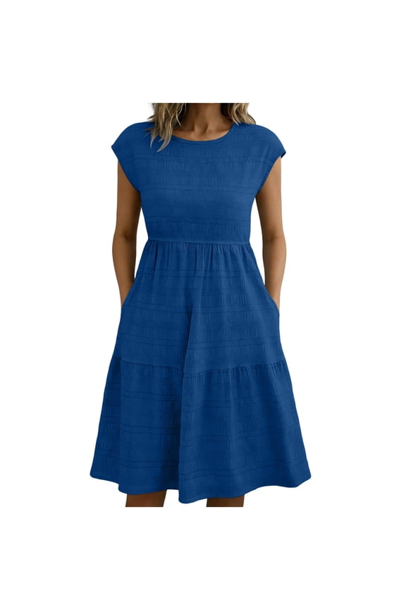 Midi Dresses for Women 2026 Comfy Round Neck Short Sleeve Womens Linen Dresses Flowy A Line Swing Dress with Pockets Breathable Summer Casual Solid Color Beach Dress XL