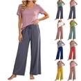 thumbnail image 1 of Zynoxe Pajamas for Women Set Two Piece V-neck Short Sleeve Shirts and Drawstring Wide Leg Pants Matching Outfit Loose Comfy Lounge Sets, 1 of 7