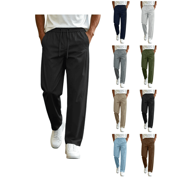 Zynoxe Pants for Men with Side Pockets Elastic Drawstring Waist Straight Leg Pants Lightweight Loose Outdoor Jogger Pants Versatile Solid Color Casual Trousers XL