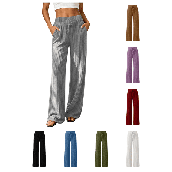 Zynoxe Pants for Women Comfy Ribbed Brushed Drawstring Trousers Lightweight High Waist Full Length Pants Fashionable Solid Color Lounge Pants with Side Pockets