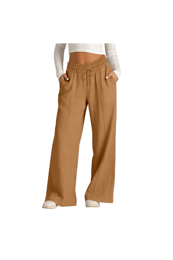 Pants for Women Lightweight Straight Leg Womens Pants Drawstring Elastic Waisted Full Length Trousers Comfortable Casual Loose Solid Color Lounge Pants with Pockets M