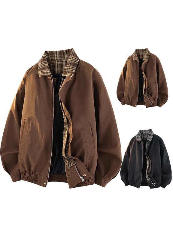 Plus Size Bomber Jackets Fall Plaid Lined Zip Up Button Long Sleeve Track Jacket with Pockets Versatile Relaxed Fit Fake Two-Piece Casual Jackets Brown 5XL