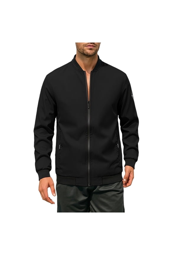 Plus Size Bomber Jackets Men Fashion Stand Collar Zip Up Elastic Cuff Long Sleeve Coat with Pockets Casual Lightweight Hiking Outwear Jacket Black 2XL