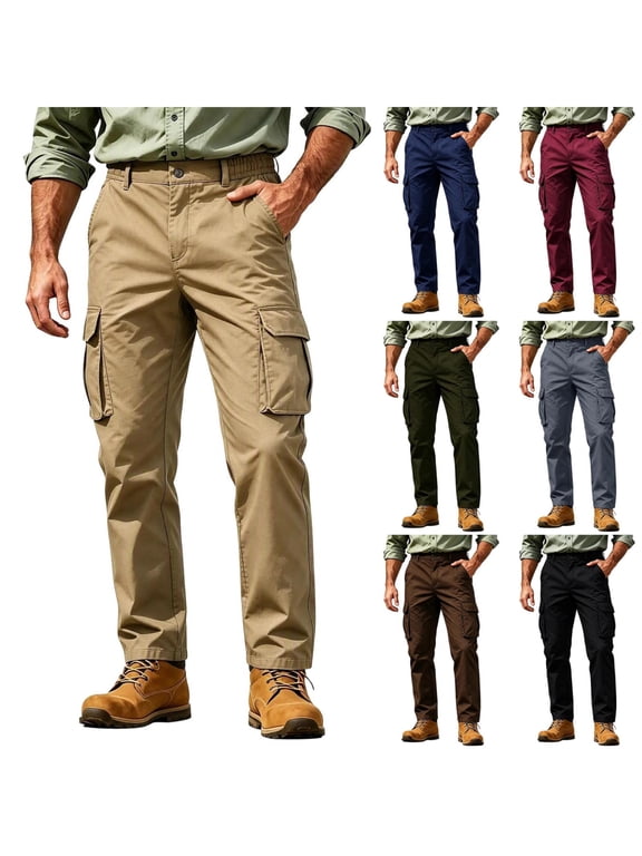 Plus Size Cargo Pants for Men Classic Button Zipper & Elastic Waist Straight Leg Lightweight Outdoor Work Trousers Versatile Solid Color Hiking Pants with Multi Pockets Brown 5XL