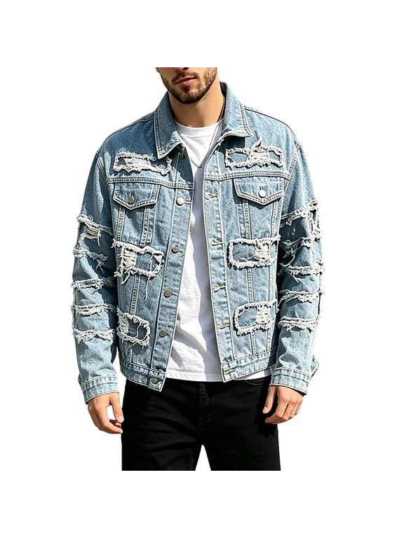 Plus Size Denim Jacket for Men Fashion Distressed Ripped Patchwork Lapel Button Down Outerwear Jacket Streetwear Loose Fit Frayed Denim Fall Fashion Clothes