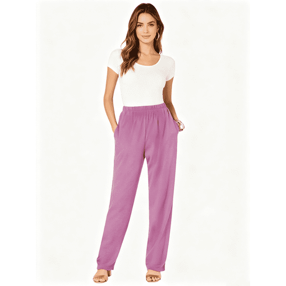 Zynoxe Plus Size Fleece-Lined Pants for Women Comfort Elastic Waistband Straight Leg Pants Trendy Versatile Solid Color Ladies Trousers Warmth Full Length Winter Pants with Side Pockets S