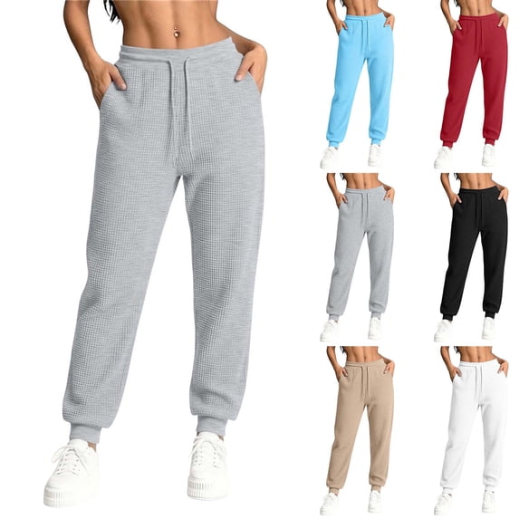 Zynoxe Plus Size Joggers for Women Casual Sports Waffle Elastic Waist Drawstring Sweatpants with Pockets Soft Comfortable Lounge Pants White 2XL