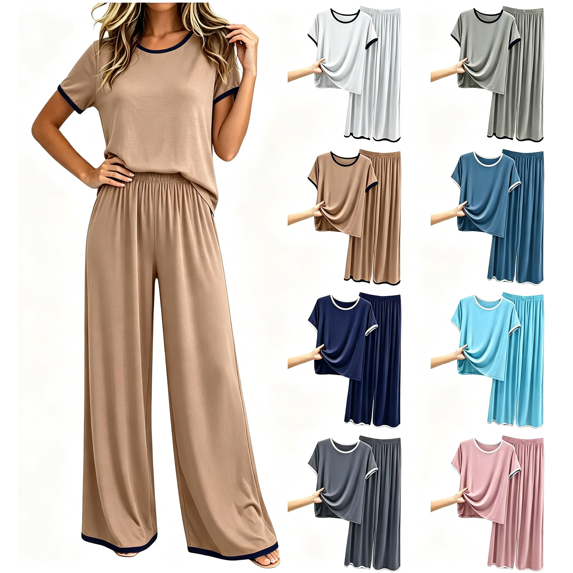 Zynoxe Plus Size Pajamas Set Women Contrast Trim Short Sleeve Tops and Wide Leg Pants Sleepwear Sets Casual Stretchy Loose Lounge Sets