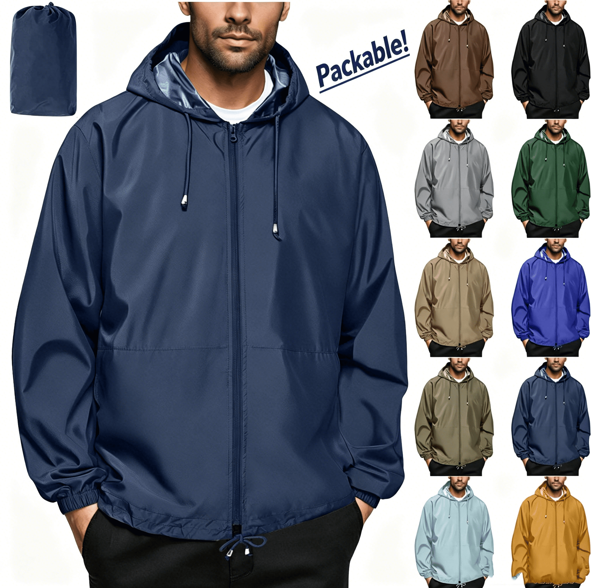 Zynoxe Plus Size Rain Jacket Men Lightweight Waterproof Packable