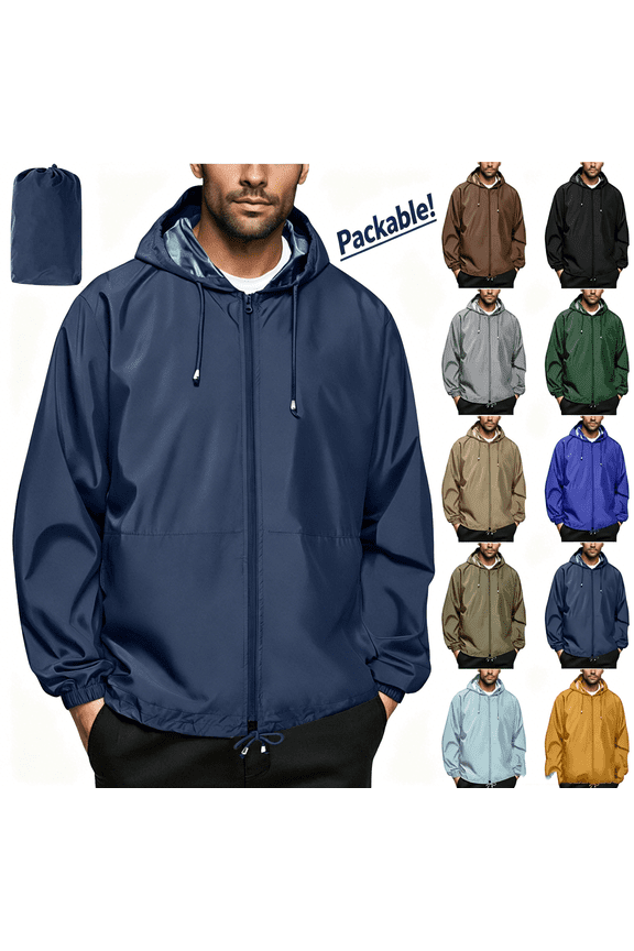Plus Size Rain Jacket Men Lightweight Waterproof Packable Raincoat with Adjustable Hood Outdoor Travel Hiking Windbreaker Jacket Black 3XL