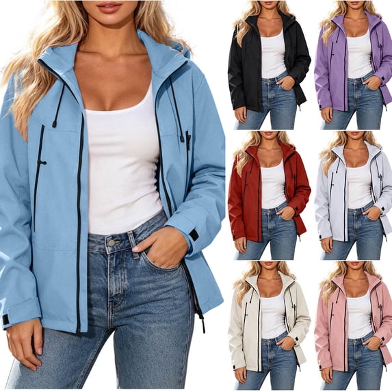 Zynoxe Plus Size Rain Jacket Women Trendy Waterproof Zip Up Adjustable Cuffs Raincoat with Drawstring Hood Outdoor Travel Hiking Windbreaker Red 4XL
