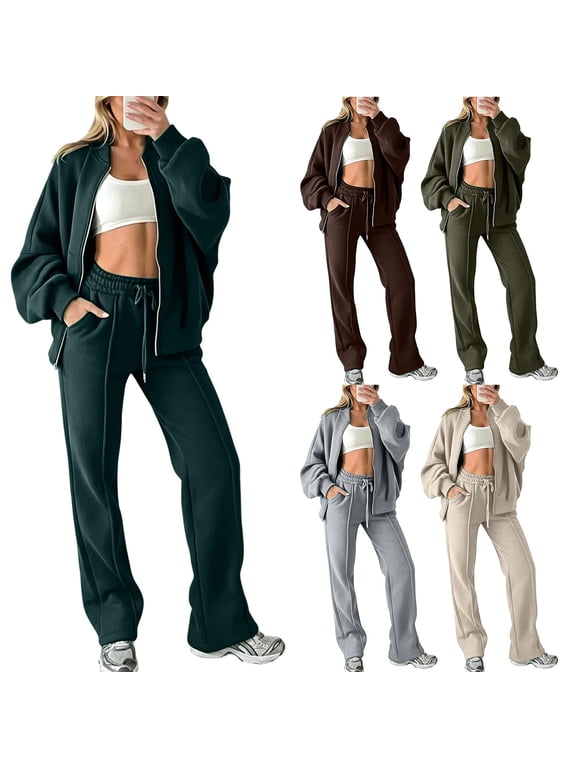 Plus Size Sweatsuits 2 Piece Set with Side Pockets Classic Stand Collar Zip Up Sweatshirt & Drawstring Pants Suit Relaxed Long Sleeve Tracksuit Set Versatile Solid Color Lounge Sets 4XL
