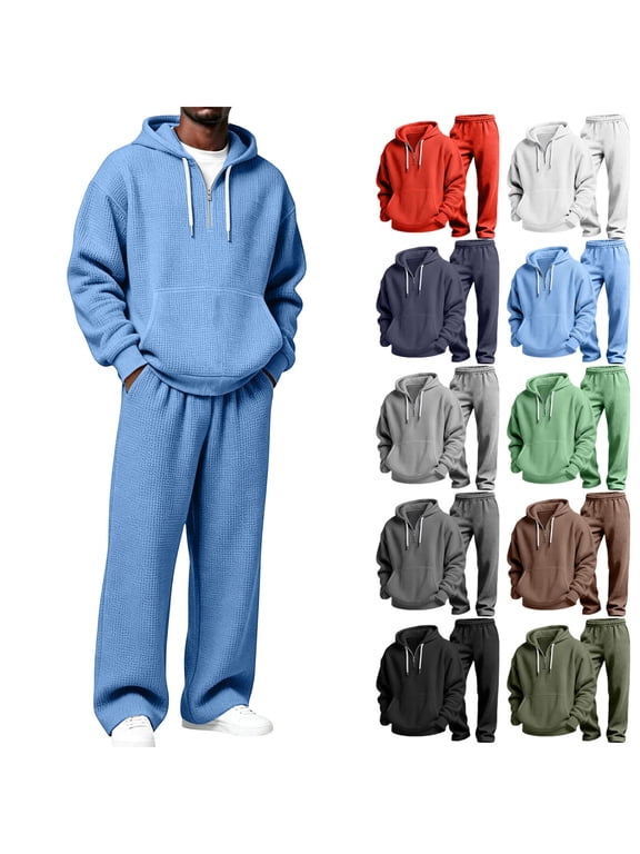 Plus Size Sweatsuits for Men Stylish Half Zip Long Sleeve Drawstring Hoodie & Wide Leg Sweat Pants Suit Fashion Solid Color Lounge Sets 2‑Piece Set with Pockets Dark Gray S