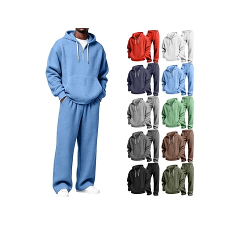 Zynoxe Plus Size Sweatsuits for Men Stylish Half Zip Long Sleeve Drawstring Hoodie & Wide Leg Sweat Pants Suit Fashion Solid Color Lounge Sets Casual Tracksuit 2‑Piece Set with Pockets Light Blue S