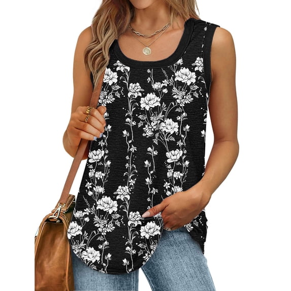 Zynoxe Plus Size Tank Tops for Women Fashion Print Summer Loose Sleeveless Tops for Women Ribbed Trim Scoop Neck Curved Hem Vacation Daily Tunic Shirts