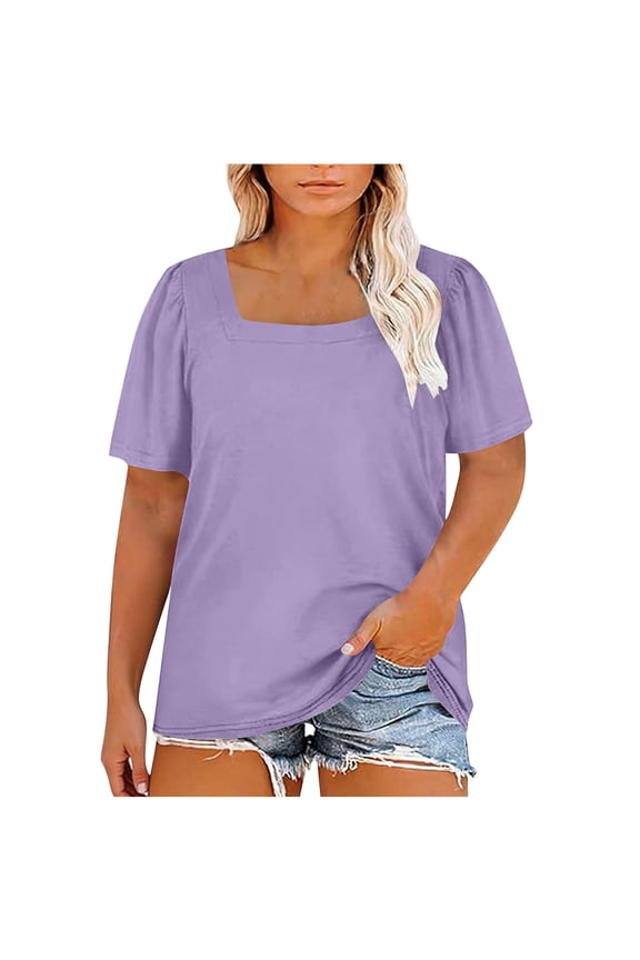 Plus Size Tops for Women Fashion Square Neck Puff Short Sleeve Womens T Shirts Comfortable Casual Loose Fit Summer Tops Versatile Solid Color Going Out Tops 5XL