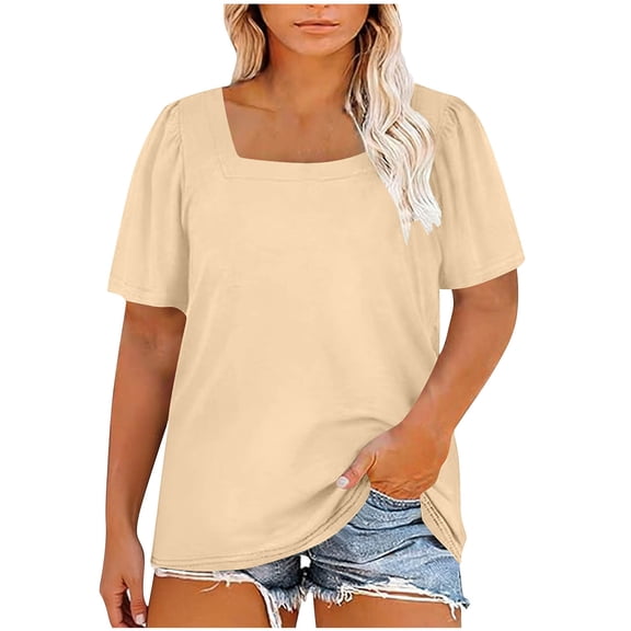 Zynoxe Plus Size Tops for Women Fashion Square Neck Puff Short Sleeve Womens T Shirts Comfortable Casual Loose Fit Summer Tops Versatile Solid Color Going Out Tops 2XL