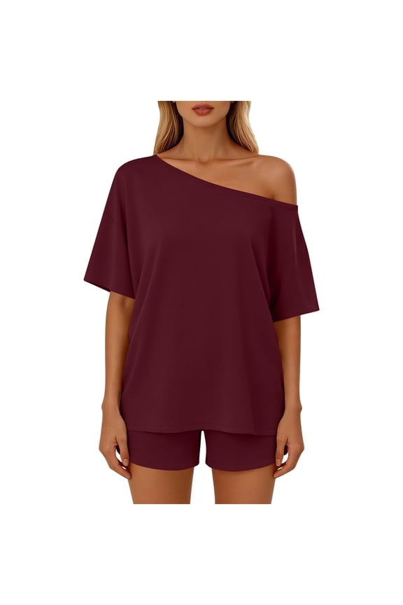 Plus Size Two Piece Sets for Women Flattering One Shoulder Spring Summer Sets for Women Comfortable Short Sleeve Shorts Loungewear Set Versatile Casual Solid Color Beach Vacation Outfits M