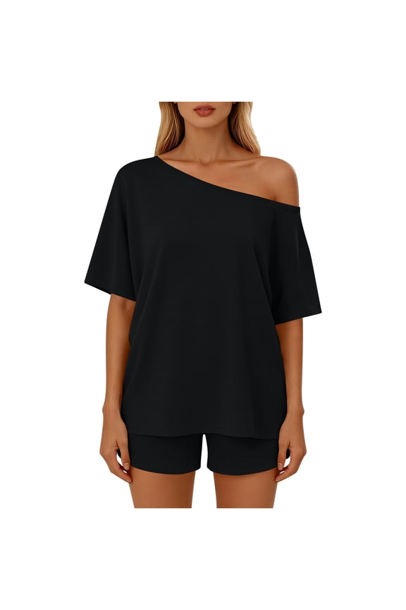 Plus Size Two Piece Sets for Women Flattering One Shoulder Spring Summer Sets for Women Comfortable Short Sleeve Shorts Loungewear Set Versatile Casual Solid Color Beach Vacation Outfits 2XL