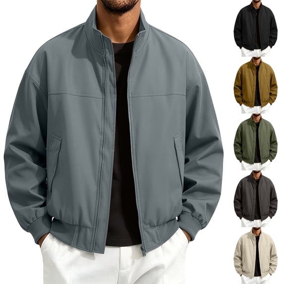 Zynoxe Plus Size Windbreaker Jackets for Men with Pockets & Elastic Cuffs Hem Classic Stand Collar Zip Up Jackets Loose Long Sleeve Bomber Jacket Fashiona Solid Color Motorcycle Trench Coat