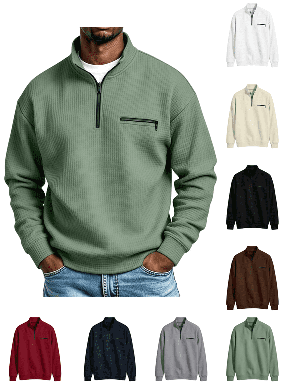 Pullover Sweatshirt for Men with Chest Pocket & Elastic Cuffs Classic Half Zip Lapel Top Comfort Waffle Knit Long Sleeve Sweatshirt Versatile Solid Color Workwear Sweatshirt L