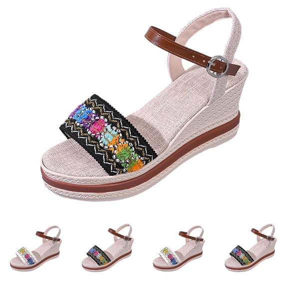 Zynoxe Sandals for Women 2026 Elastic Comfortable Summer Beach Wedge Sandals Fashion Boho Embroidery Sandals Ankle Strap Open Toe Womens Shoes 5.5