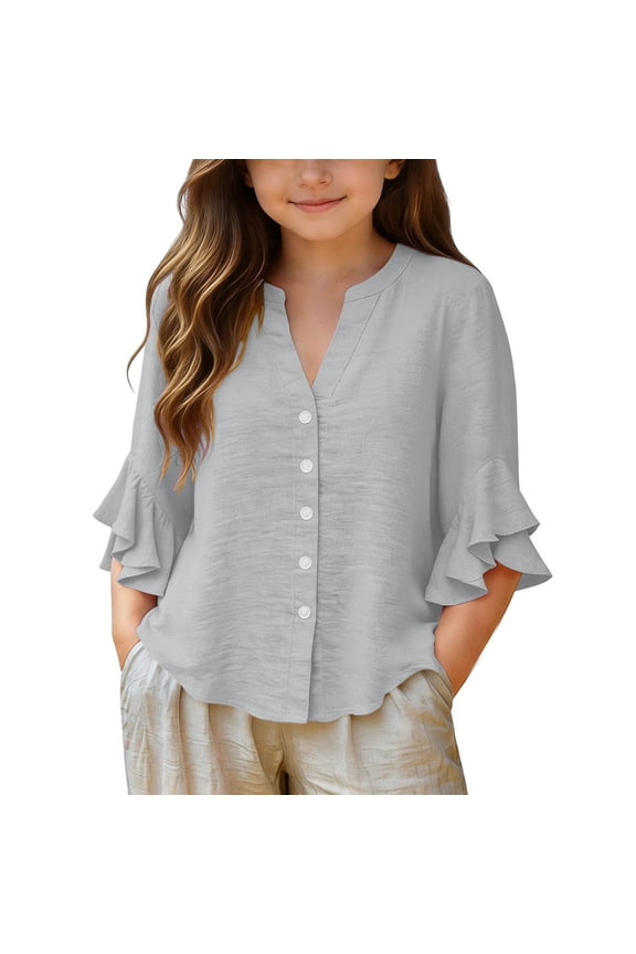Shirts for Girls Fashion V Neck Ruffled 3/4 Sleeve Girls Shirts Casual Loose Solid Color Button Down Blouse Comfortable Breathable Ice Silk Summer Outfits 5 Years