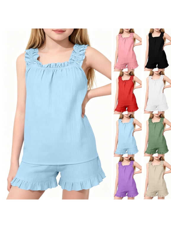 Shorts Sets for Girls 2 Piece Outfits Solid Color Cotton Classic Ruffle Strap Cami Tops & Elastic Waist Shorts Summer Outfits for Teens Cute Sleeveless Casual Girls' Clothing Sets 5-16 Years