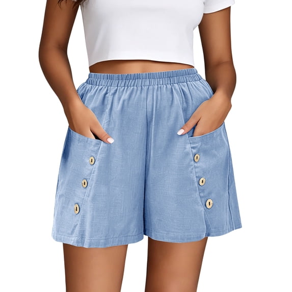 Zynoxe Shorts for Women with Button Pockets Lightweight Breathable Cotton Linen Shorts Comfort Elastic Waistband Mid-Thigh Wide Leg Shorts Relaxed Loose Fit Solid Color Summer Beach Shorts 3XL