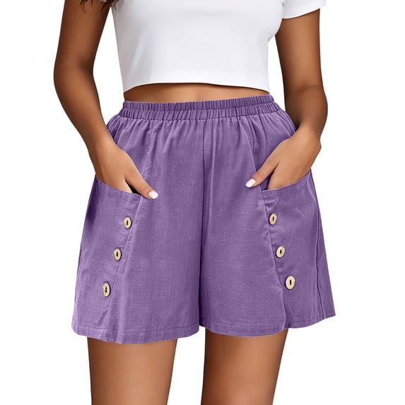 Zynoxe Shorts for Women with Button Pockets Lightweight Breathable Cotton Linen Shorts Comfort Elastic Waistband Mid-Thigh Wide Leg Shorts Relaxed Loose Fit Solid Color Summer Beach Shorts 3XL