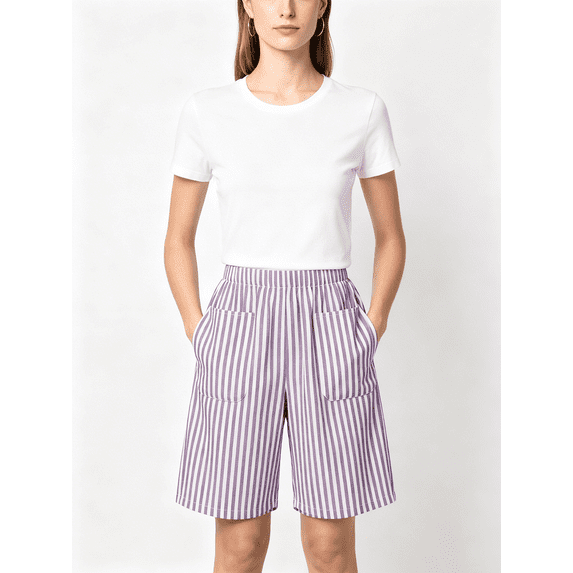 Zynoxe Shorts for Women with Pockets Trendy Versatile Striped Womens Mid-Length Shorts Lightweight Breathable Loose Fit Straight Leg Shorts Comfy Elastic Waistband Summer Vacation Outfits XL