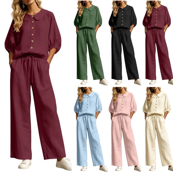 Zynoxe Summer Outfits for Women Stylish Collared Button Down 3/4 Sleeve Tops Drawstring Waist Pants Suit Plus Size Casual Solid Color Womens Two Piece Sets Breathable Lounge Set With Pockets M