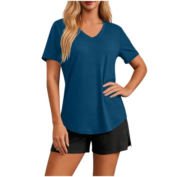 Zynoxe Sun Protection T Shirts for Women Comfortable Short Sleeve Upf 50+ Sun Shirt Casual Versatile V Neck Solid Color Going Out Summer Tops (Blue,L)