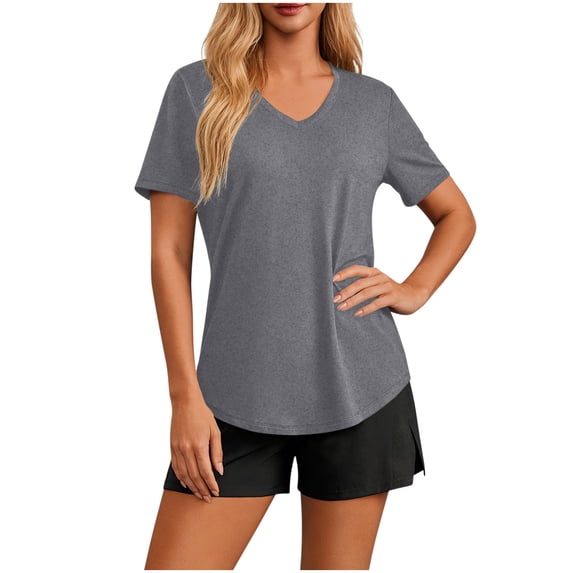 Zynoxe Sun Protection T Shirts for Women Comfortable Short Sleeve Upf 50+ Sun Shirt Casual Versatile V Neck Solid Color Going Out Summer Tops (Gray,S)