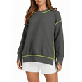 thumbnail image 1 of Zynoxe Sweatshirt for Women Trendy Contrast Stitching Long Sleeve Tops for Women Casual Crewneck Slit Hem Fall Sweatshirts for Daily Wear S, 1 of 10
