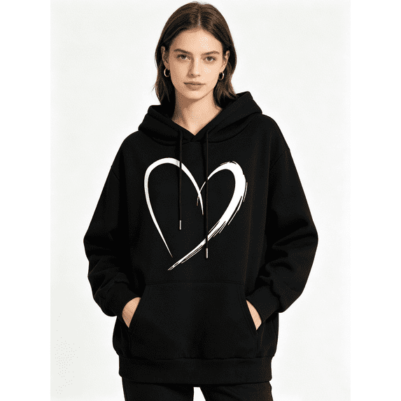 Zynoxe Sweatshirts for Women with Kangaroo Pocket Adjustable Drawstring Long Sleeve Essentials Hoodie Comfort Elastic Ribbed Cuffs Hem Pullover Tops Trendy Versatile Heart Print Womens Tops S