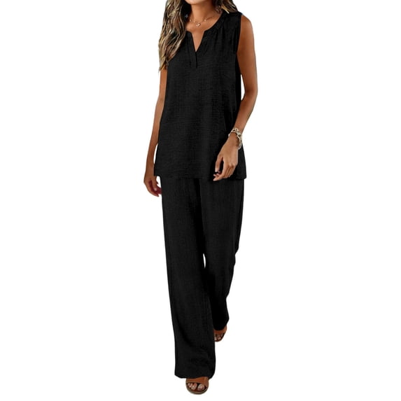 Zynoxe Two Piece Sets for Women Breathable Comfy Womens Sets with Pockets Women's V Neck Linen Tanks Top Long Pants Set Relaxed Casual Solid Color Summer Outfits 3XL
