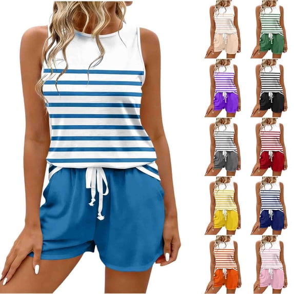 Zynoxe Two Piece Sets for Women Casual Striped Tank Tops and Drawstring Shorts Lounge Sets with Pockets Trendy Loose Summer Beach Vacation Outfits Beige M