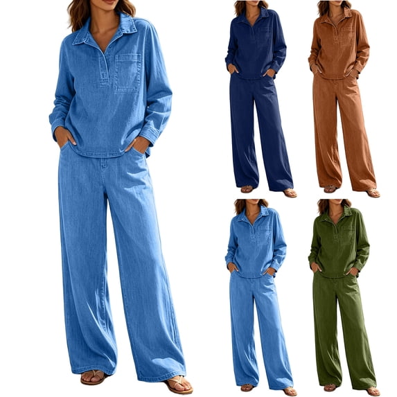 Zynoxe Two Piece Sets for Women with Pockets Classic Lapel V-Neck Long Sleeve & Denim Shirt Wide Leg Denim Pants Suit Fashion Solid Color Womens Suit Set Soft Lightweight Vacation Outfits L