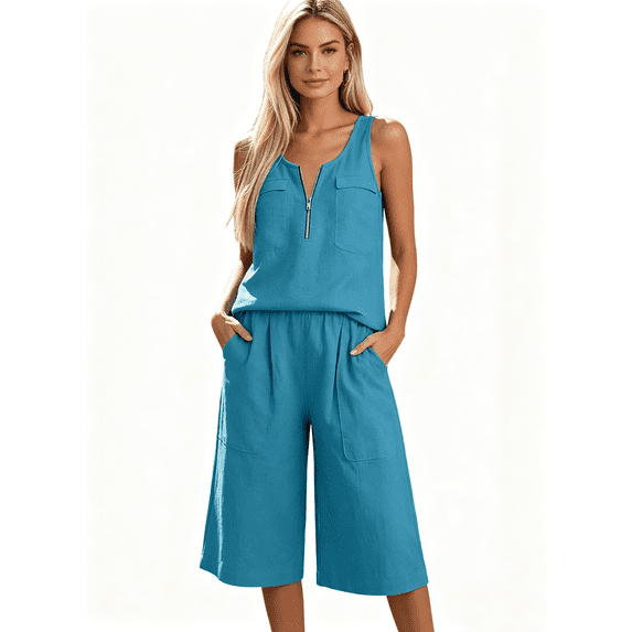 Zynoxe Two Piece Sets for Women With Pockets Fashion Zipper Round Neck Sleeveless Tank Top Wide Leg Culottes Set Versatile Solid Color Vacation Outfits Comfy Breathable Cotton Linen Summer Sets XL