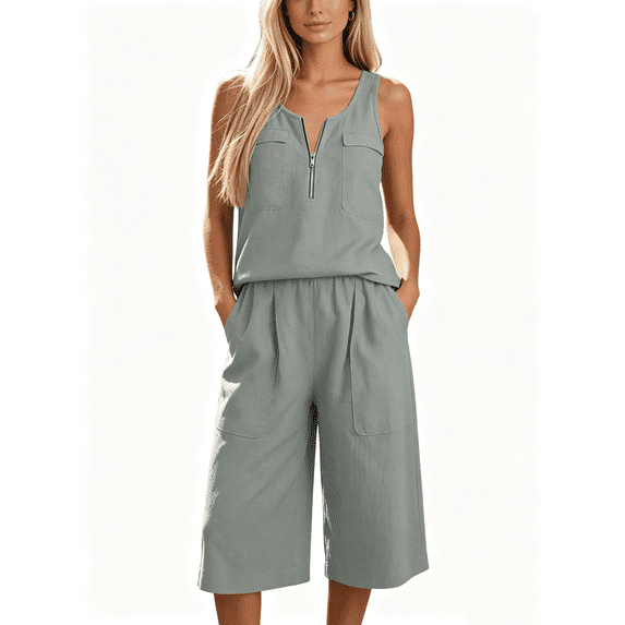 Zynoxe Two Piece Sets for Women With Pockets Fashion Zipper Round Neck Sleeveless Tank Top Wide Leg Culottes Set Versatile Solid Color Vacation Outfits Comfy Breathable Cotton Linen Summer Sets 2XL