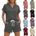 thumbnail image 1 of Zynoxe Two Piece Sets for Women with Pockets Trendy V Neck Button-Up Short Sleeve Top Drawstring Waist Shorts Suit Comfy Breathable Lounge Set Versatile Solid Color Vacation Outfits S, 1 of 9