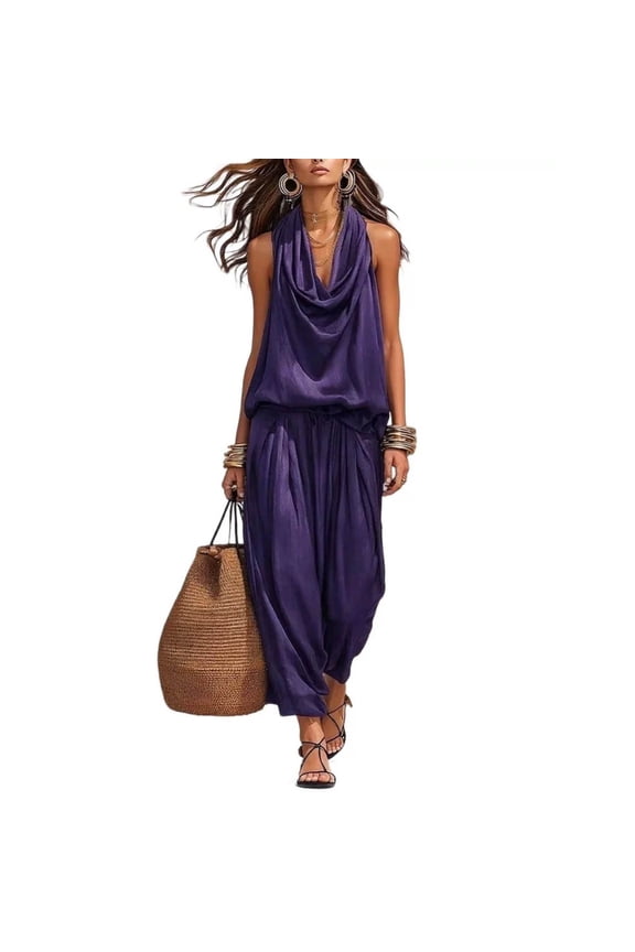 Two Piece Sets for Women Stylish Halter Neck Sleeveless Tank Top Wide Leg Capri Pants Suit Relaxed Breathable Quick Dry Lounge Set Flowy Pleated Boho Outfits Solid Color Summer Set 3XL
