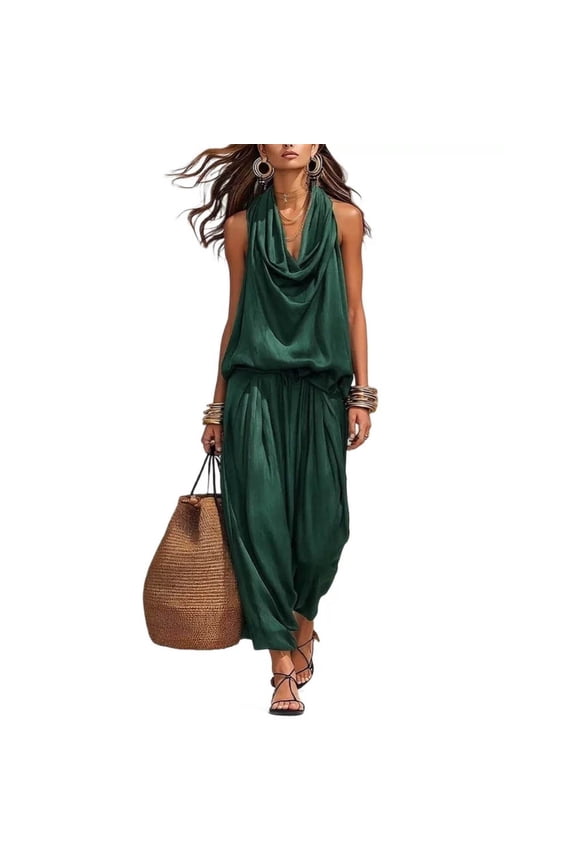 Two Piece Sets for Women Stylish Halter Neck Sleeveless Tank Top Wide Leg Capri Pants Suit Relaxed Breathable Quick Dry Lounge Set Flowy Pleated Boho Outfits Solid Color Summer Set 3XL