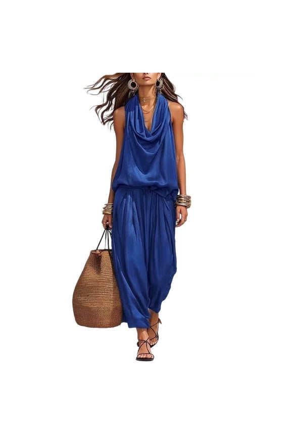 Two Piece Sets for Women Stylish Halter Neck Sleeveless Tank Top Wide Leg Capri Pants Suit Relaxed Breathable Quick Dry Lounge Set Flowy Pleated Boho Outfits Versatile Solid Color Summer Set L
