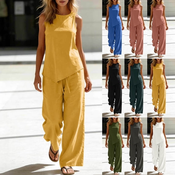 Zynoxe Two Piece Sets for Women Trendy Crew Neck Sleeveless Top Elastic Waist Wide Leg Pants Suit Comfort Breathable Cotton Linen Lounge Set Summer Versatile Solid Color Vacation Outfits 2XL