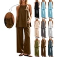 thumbnail image 1 of Zynoxe Two Piece Sets for Women Trendy Halter Neck Backless Camisole Top Wide Leg Pants Suit Comfy Breathable Cotton Linen Lounge Set Summer Versatile Solid Color Vacation Outfits XL, 1 of 8